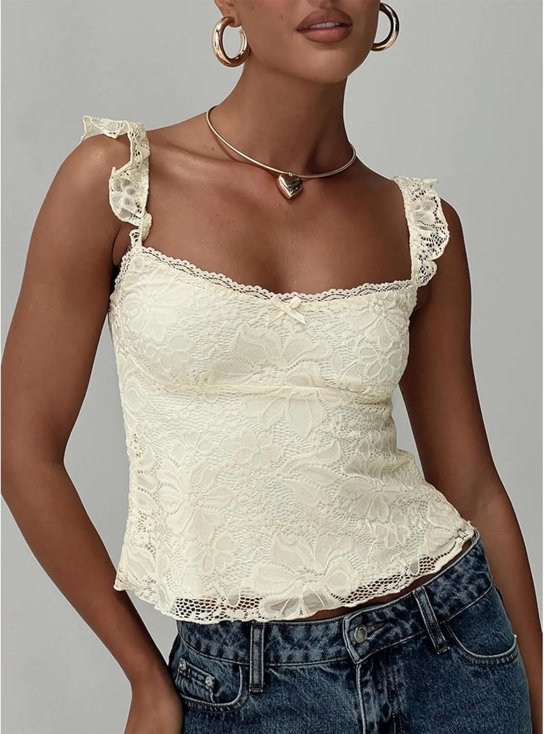 Women Y2k Lace Trim Tank Tops Camisole Spaghetti Strap Square Neck Sleeveless Vintage Going Out Shirts Streetwear