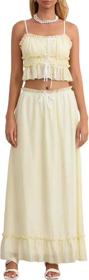 Women Y2k Maxi Skirts Sets Sleeveless Lace Ruffle Trim Camisole Tops Flowy Ruffle Long Skirts 2 Pcs Going out Set