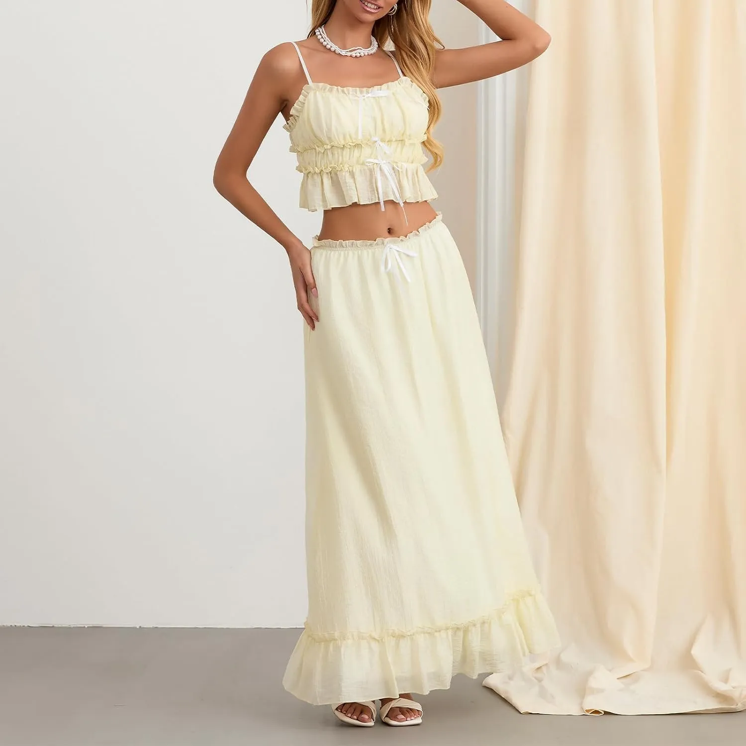 Women Y2k Maxi Skirts Sets Sleeveless Lace Ruffle Trim Camisole Tops Flowy Ruffle Long Skirts 2 Pcs Going out Set