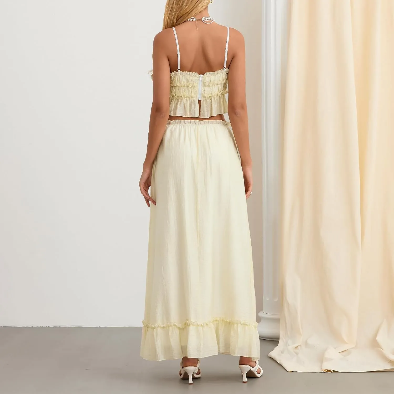 Women Y2k Maxi Skirts Sets Sleeveless Lace Ruffle Trim Camisole Tops Flowy Ruffle Long Skirts 2 Pcs Going out Set