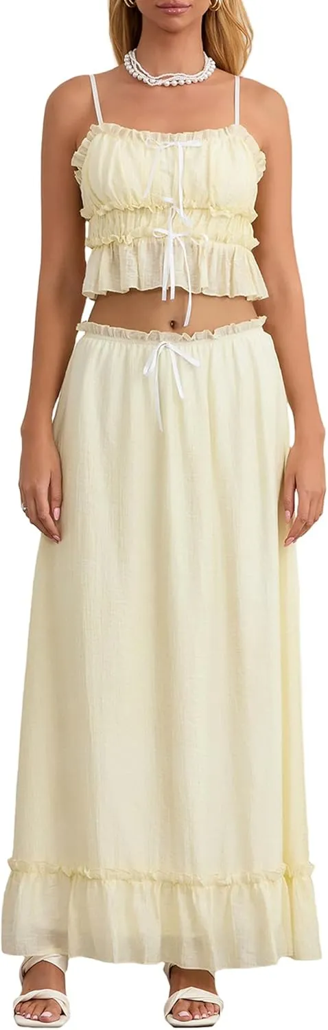 Women Y2k Maxi Skirts Sets Sleeveless Lace Ruffle Trim Camisole Tops Flowy Ruffle Long Skirts 2 Pcs Going out Set
