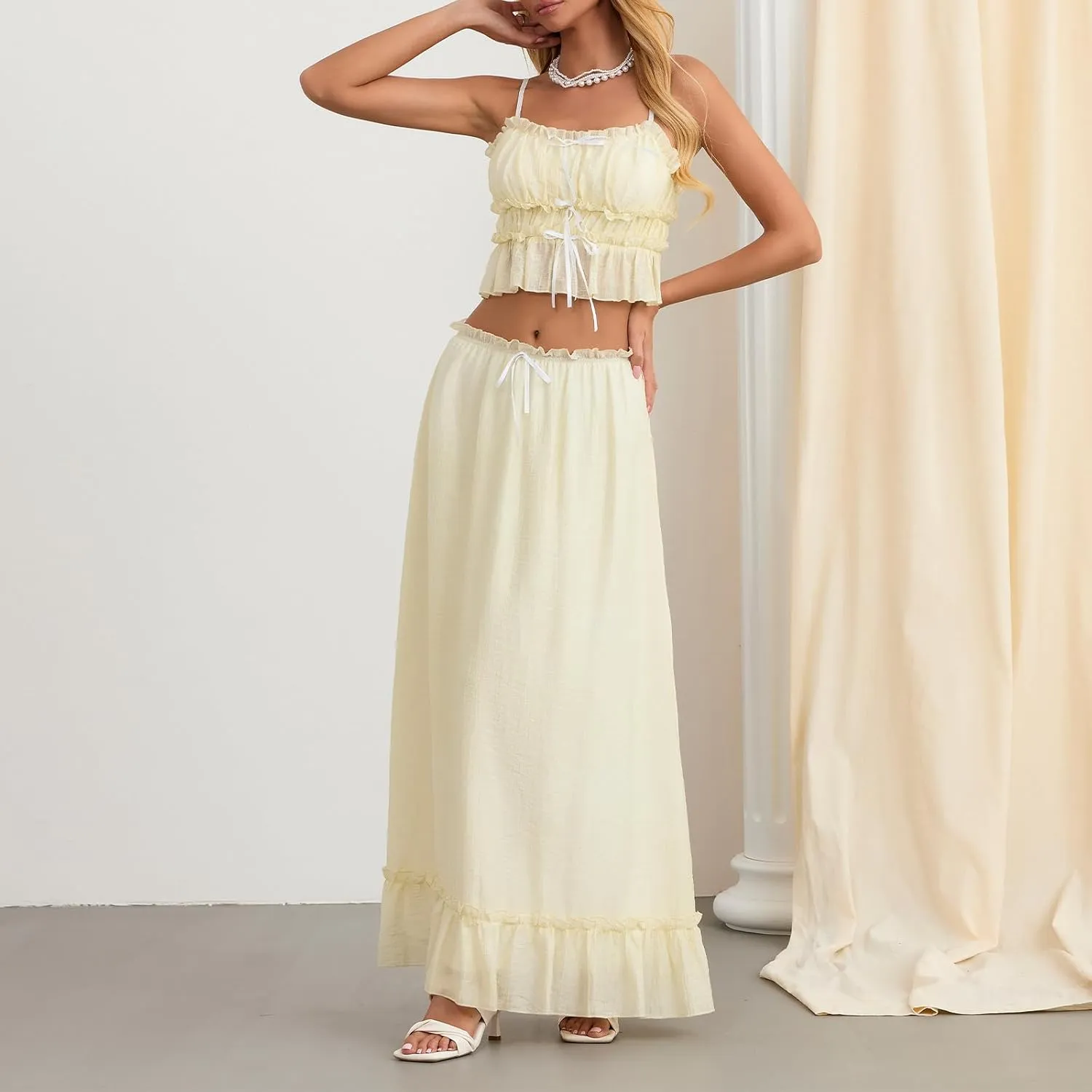 Women Y2k Maxi Skirts Sets Sleeveless Lace Ruffle Trim Camisole Tops Flowy Ruffle Long Skirts 2 Pcs Going out Set