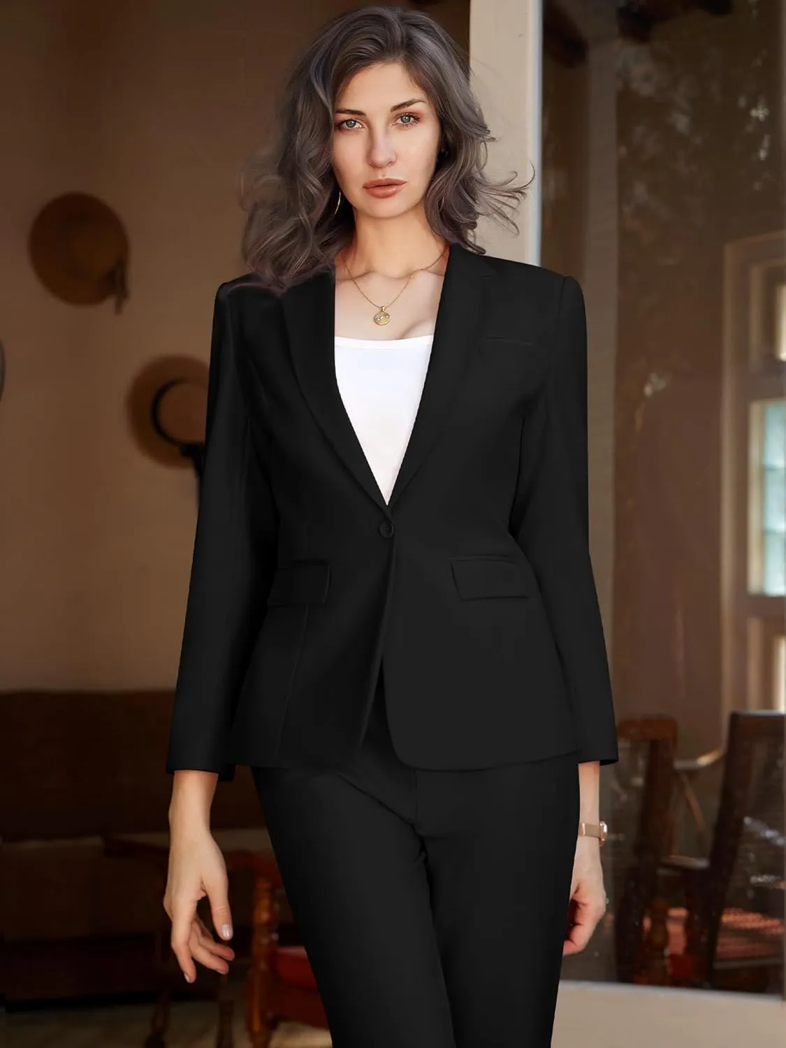 Womens 2 Piece Pants Suit Solid Notch Lapel One Button Slim Fit Blazer Jacket Elastic Waist Pants Tuxedo Set
