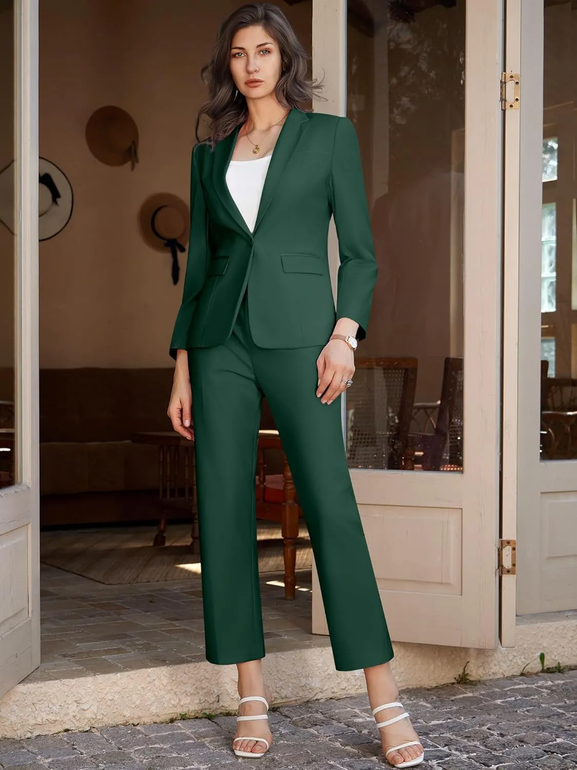 Womens 2 Piece Pants Suit Solid Notch Lapel One Button Slim Fit Blazer Jacket Elastic Waist Pants Tuxedo Set