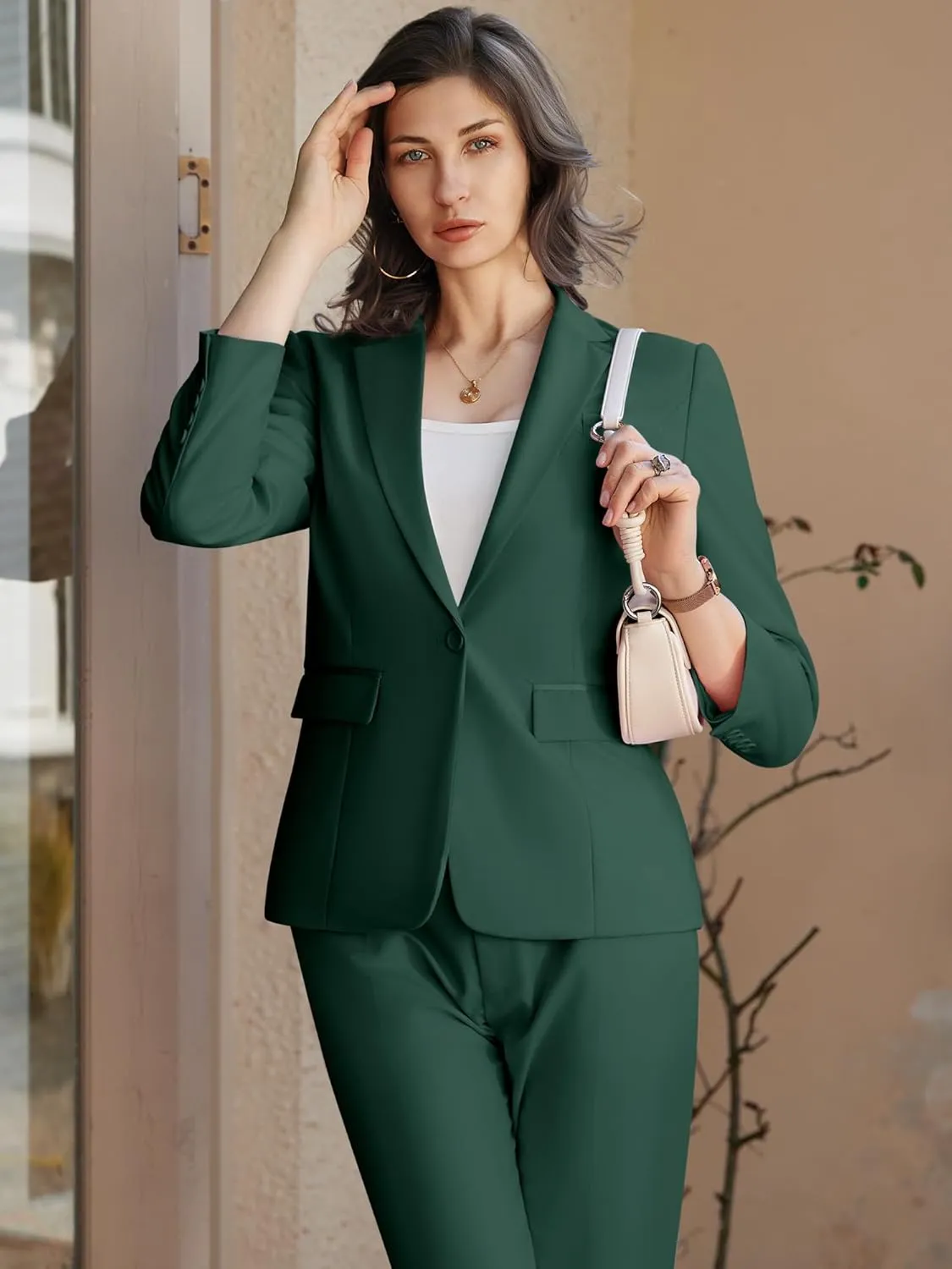 Womens 2 Piece Pants Suit Solid Notch Lapel One Button Slim Fit Blazer Jacket Elastic Waist Pants Tuxedo Set