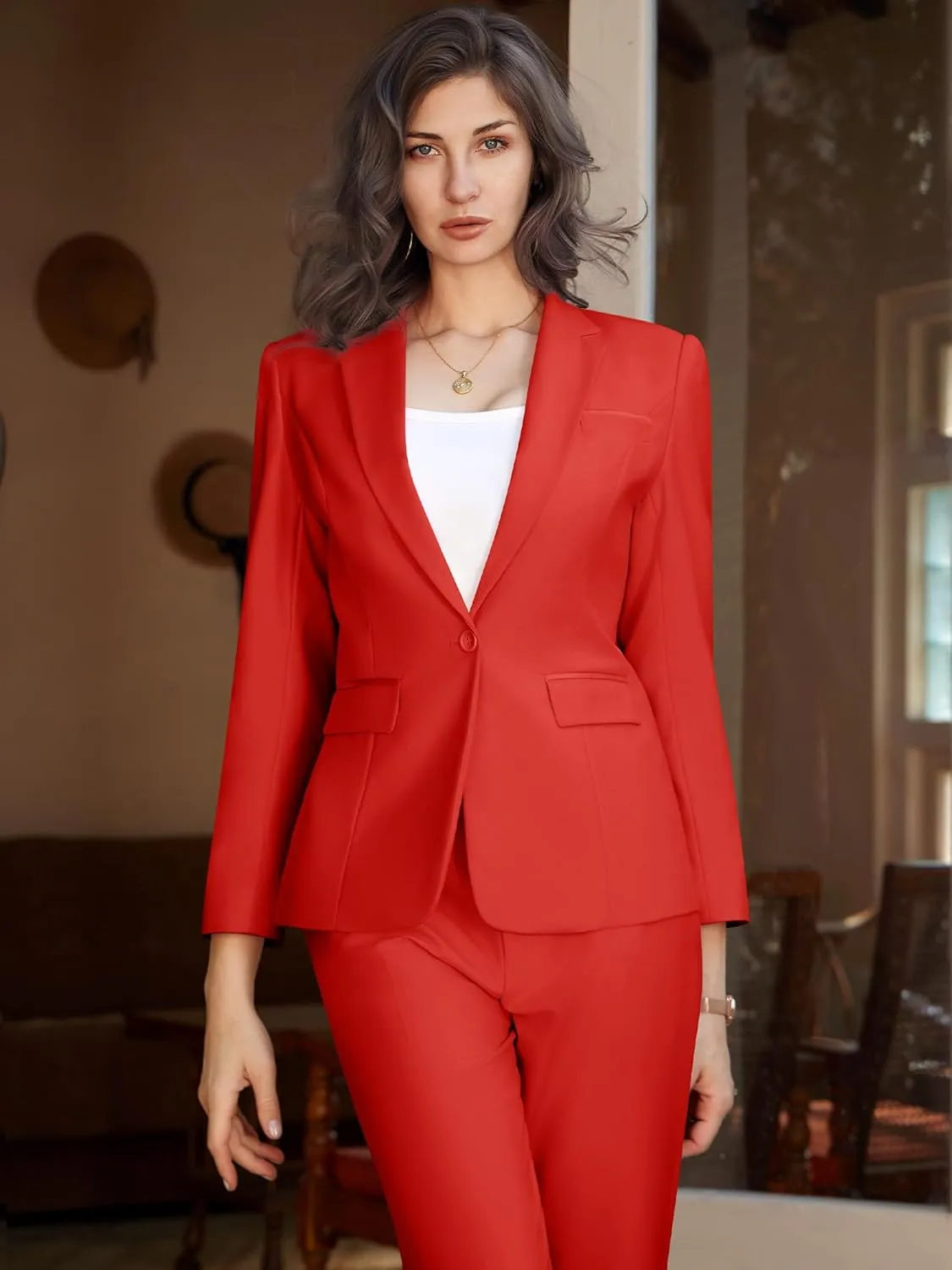 Womens 2 Piece Pants Suit Solid Notch Lapel One Button Slim Fit Blazer Jacket Elastic Waist Pants Tuxedo Set