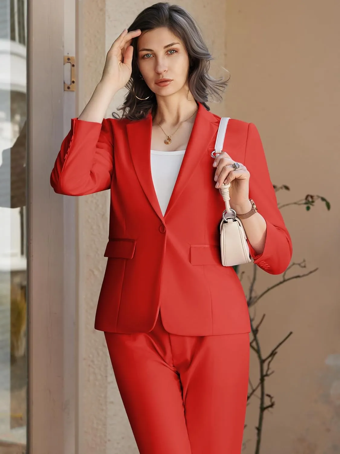 Womens 2 Piece Pants Suit Solid Notch Lapel One Button Slim Fit Blazer Jacket Elastic Waist Pants Tuxedo Set