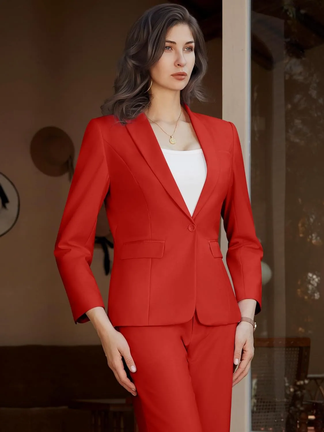 Womens 2 Piece Pants Suit Solid Notch Lapel One Button Slim Fit Blazer Jacket Elastic Waist Pants Tuxedo Set