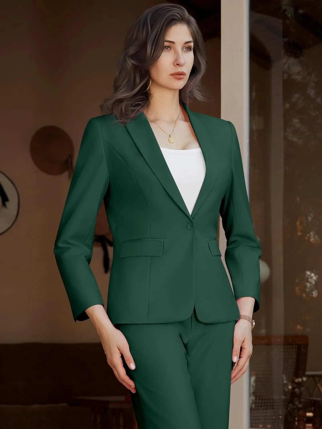 Womens 2 Piece Pants Suit Solid Notch Lapel One Button Slim Fit Blazer Jacket Elastic Waist Pants Tuxedo Set