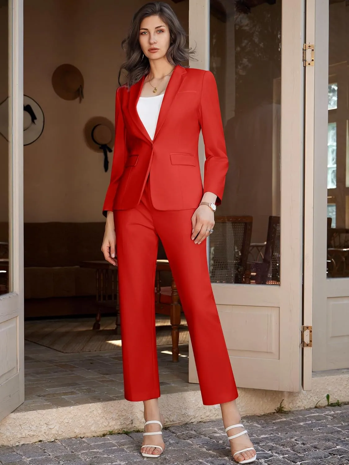 Womens 2 Piece Pants Suit Solid Notch Lapel One Button Slim Fit Blazer Jacket Elastic Waist Pants Tuxedo Set
