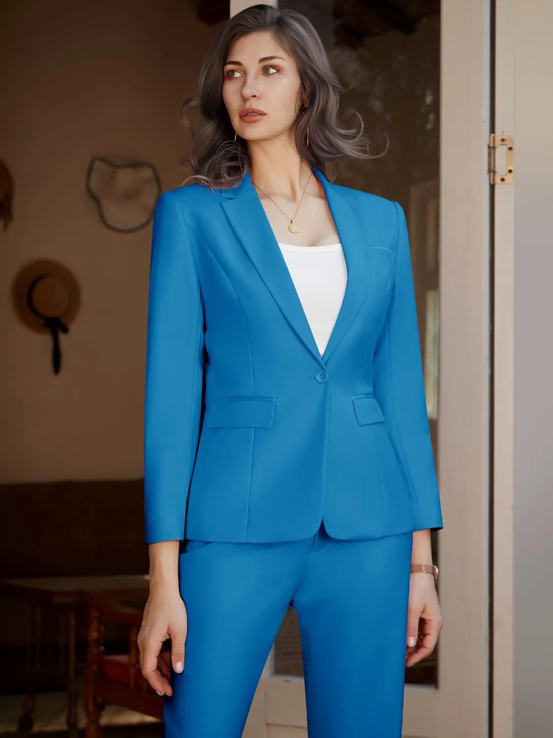 Womens 2 Piece Pants Suit Solid Notch Lapel One Button Slim Fit Blazer Jacket Elastic Waist Pants Tuxedo Set