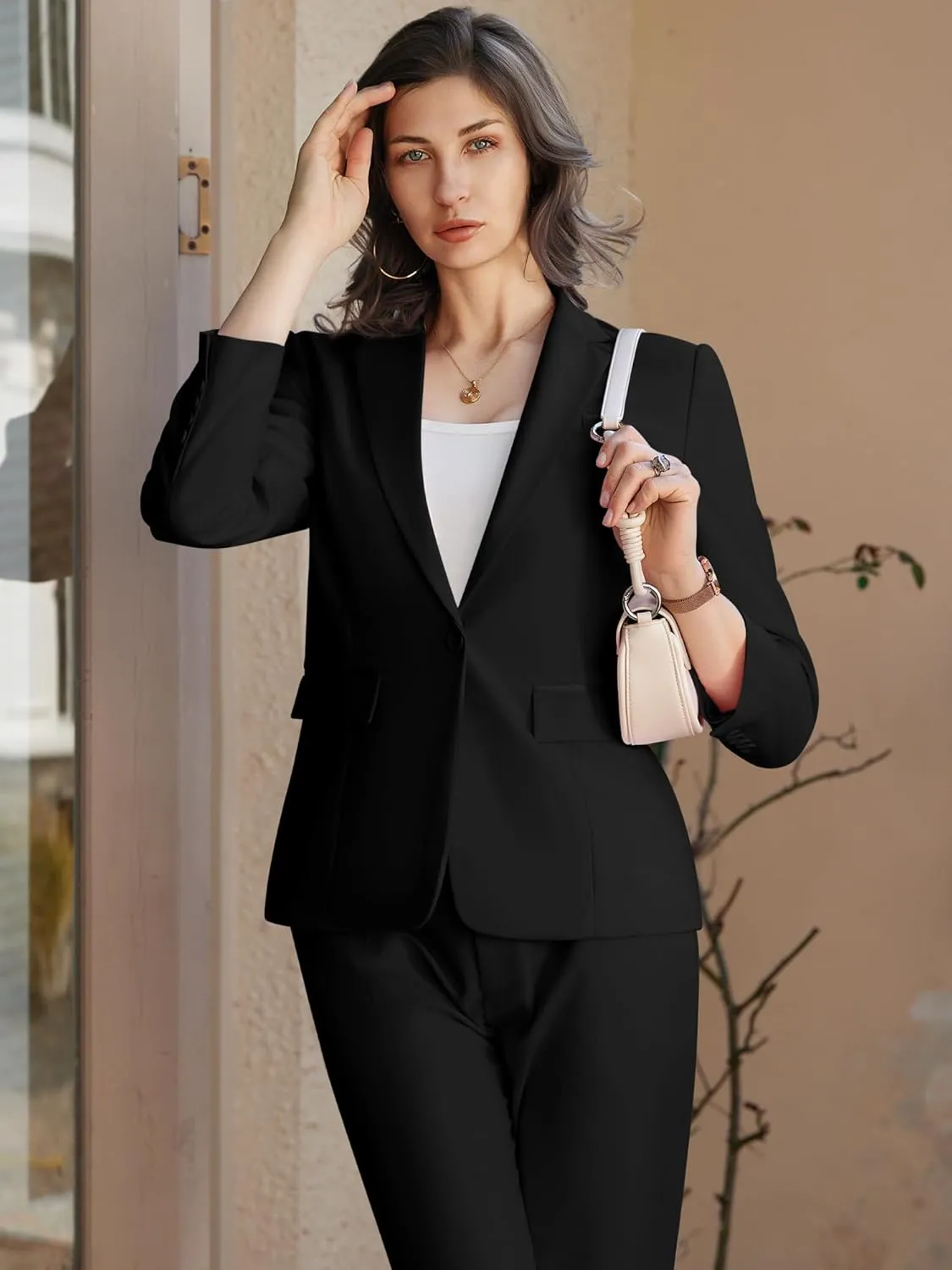 Womens 2 Piece Pants Suit Solid Notch Lapel One Button Slim Fit Blazer Jacket Elastic Waist Pants Tuxedo Set