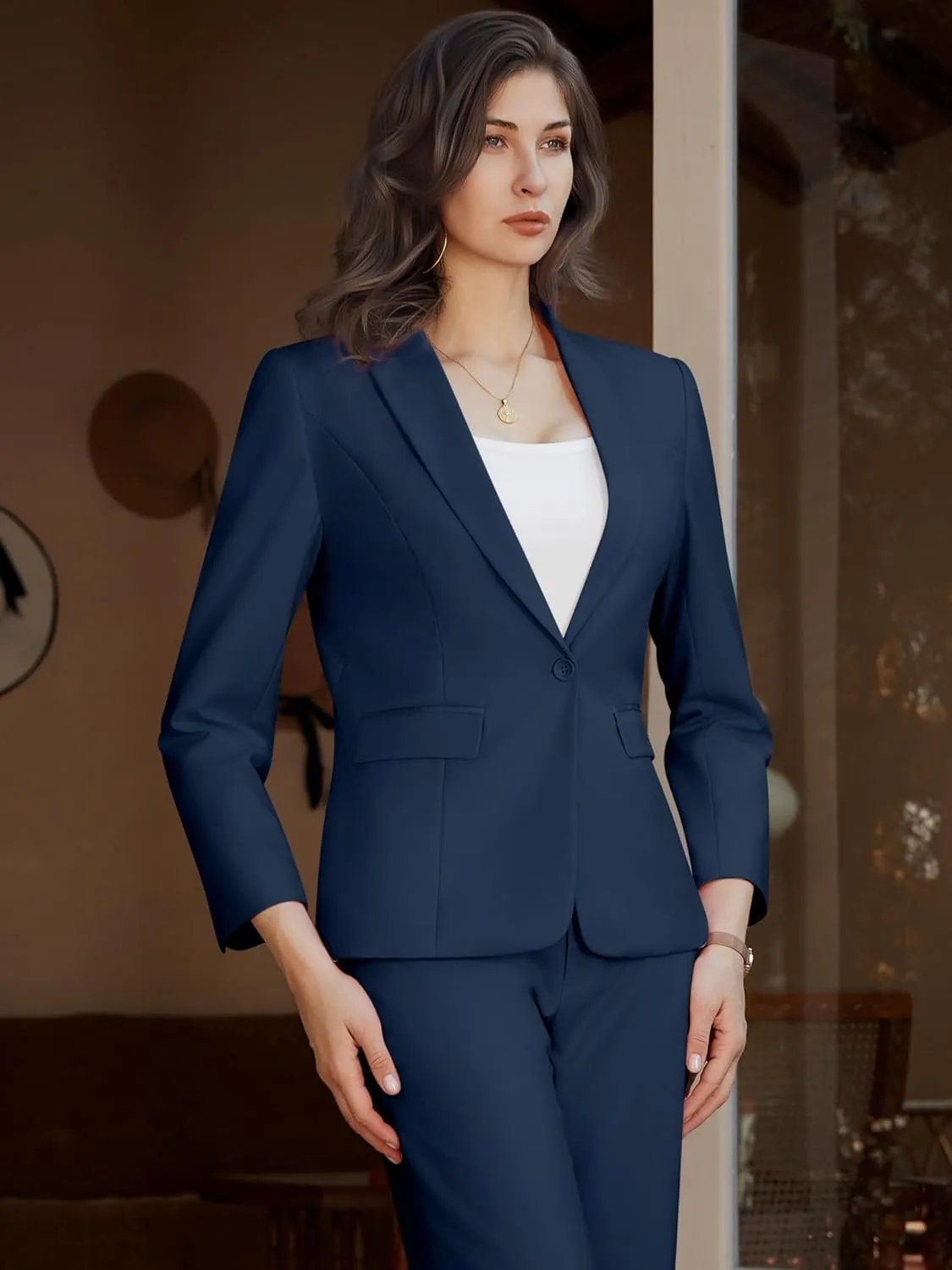 Womens 2 Piece Pants Suit Solid Notch Lapel One Button Slim Fit Blazer Jacket Elastic Waist Pants Tuxedo Set