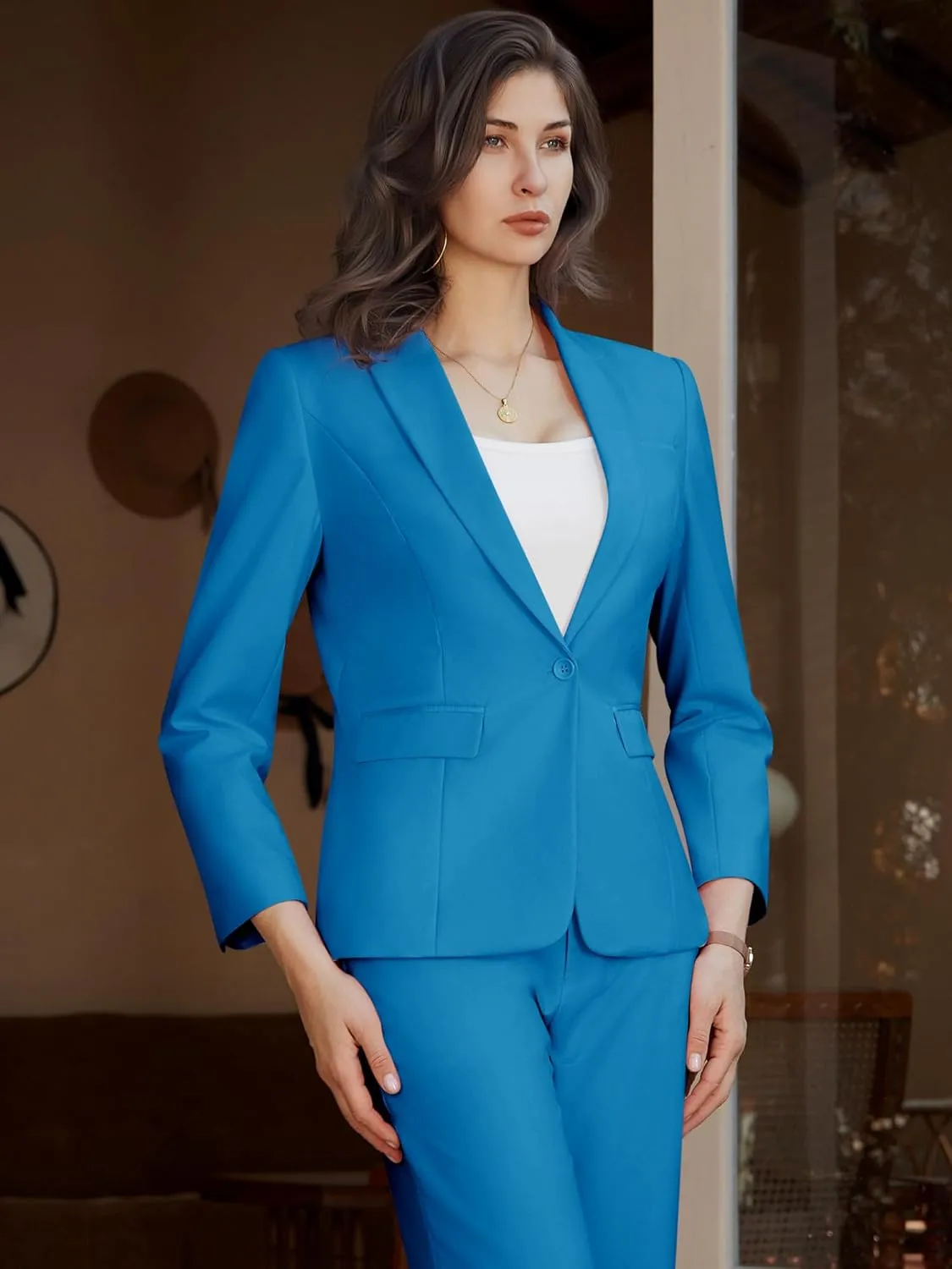 Womens 2 Piece Pants Suit Solid Notch Lapel One Button Slim Fit Blazer Jacket Elastic Waist Pants Tuxedo Set