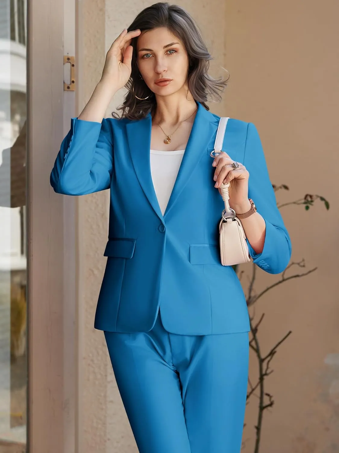Womens 2 Piece Pants Suit Solid Notch Lapel One Button Slim Fit Blazer Jacket Elastic Waist Pants Tuxedo Set