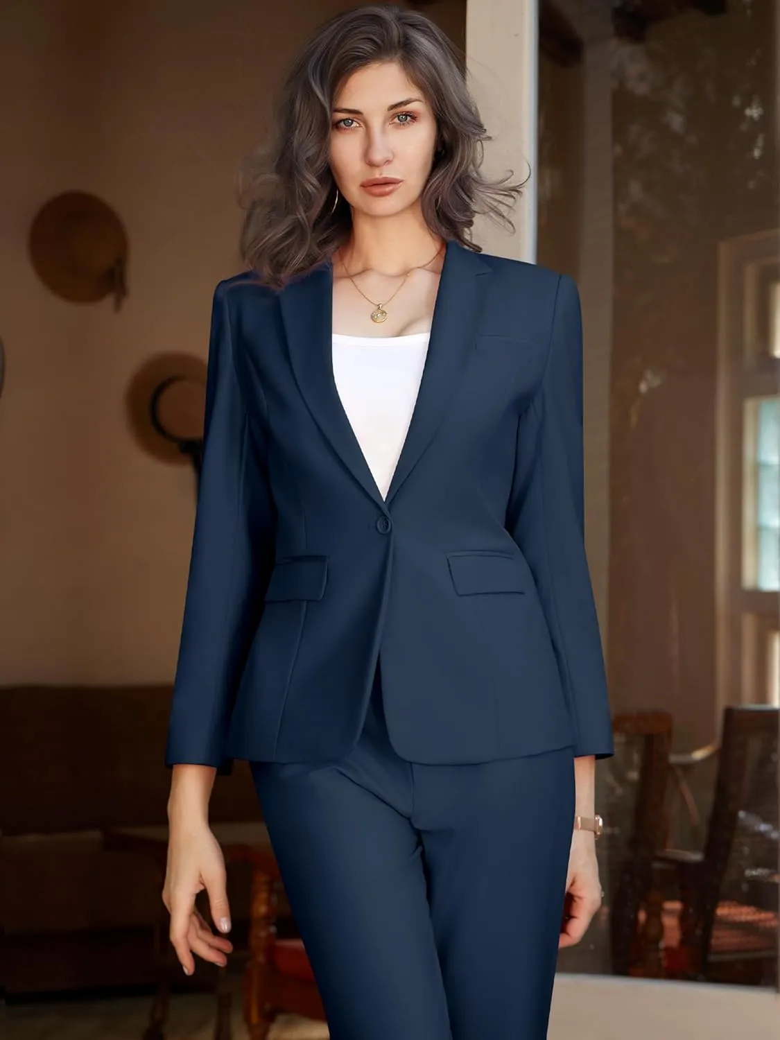 Womens 2 Piece Pants Suit Solid Notch Lapel One Button Slim Fit Blazer Jacket Elastic Waist Pants Tuxedo Set