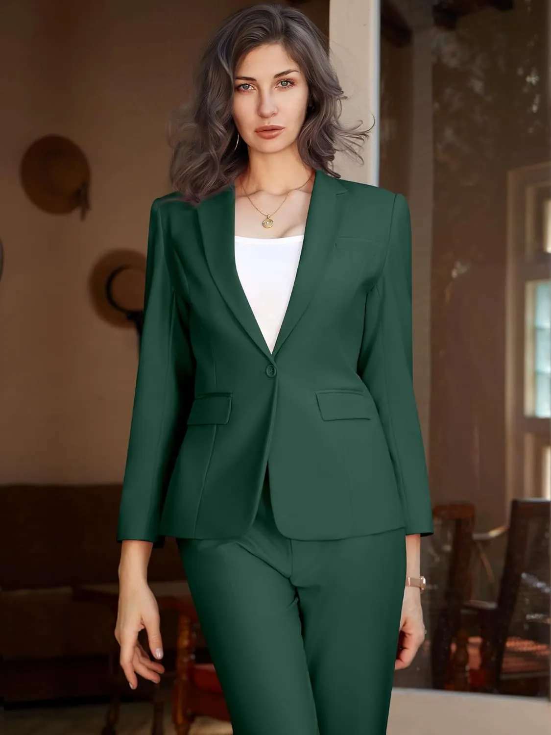 Womens 2 Piece Pants Suit Solid Notch Lapel One Button Slim Fit Blazer Jacket Elastic Waist Pants Tuxedo Set