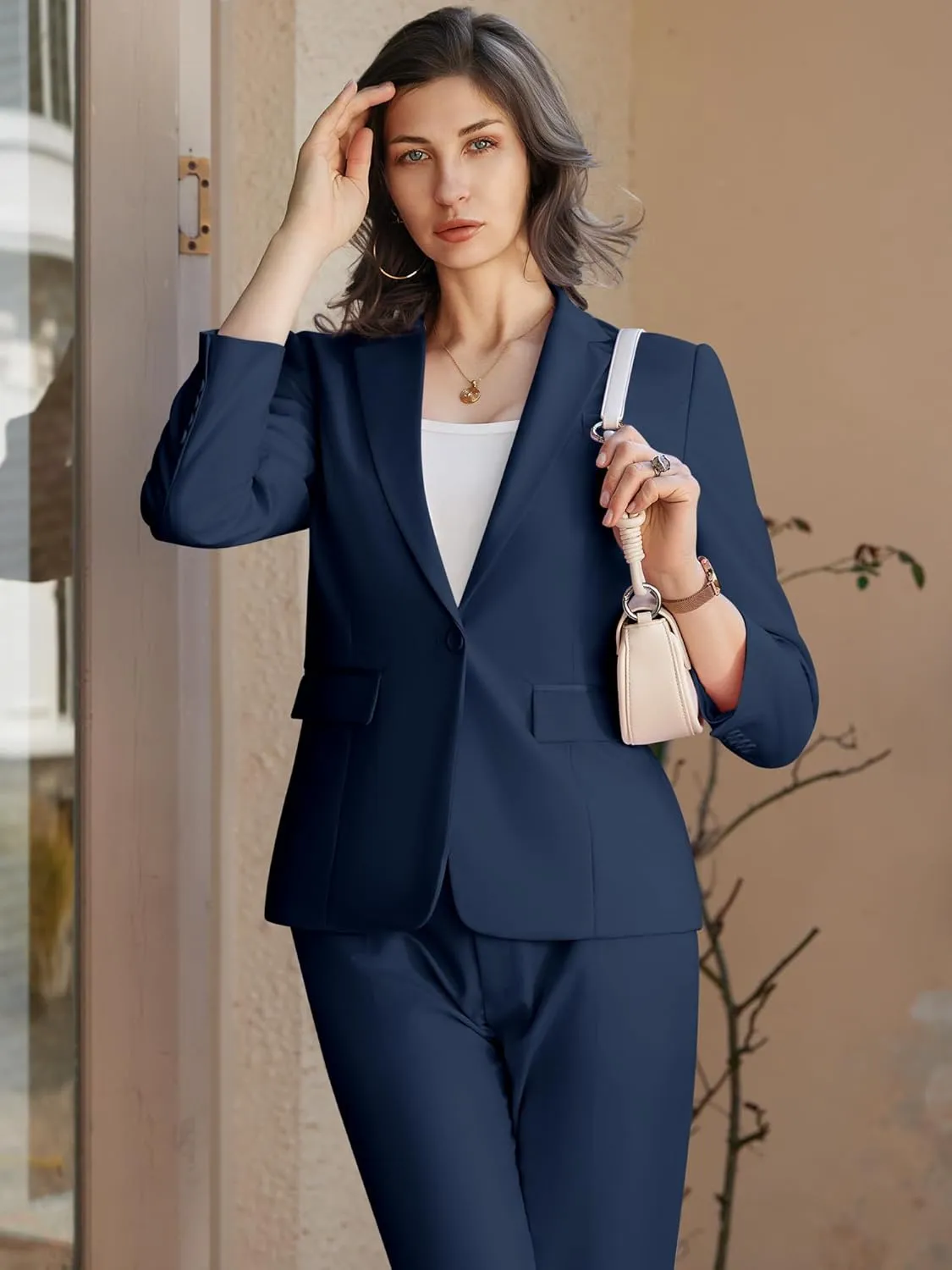 Womens 2 Piece Pants Suit Solid Notch Lapel One Button Slim Fit Blazer Jacket Elastic Waist Pants Tuxedo Set