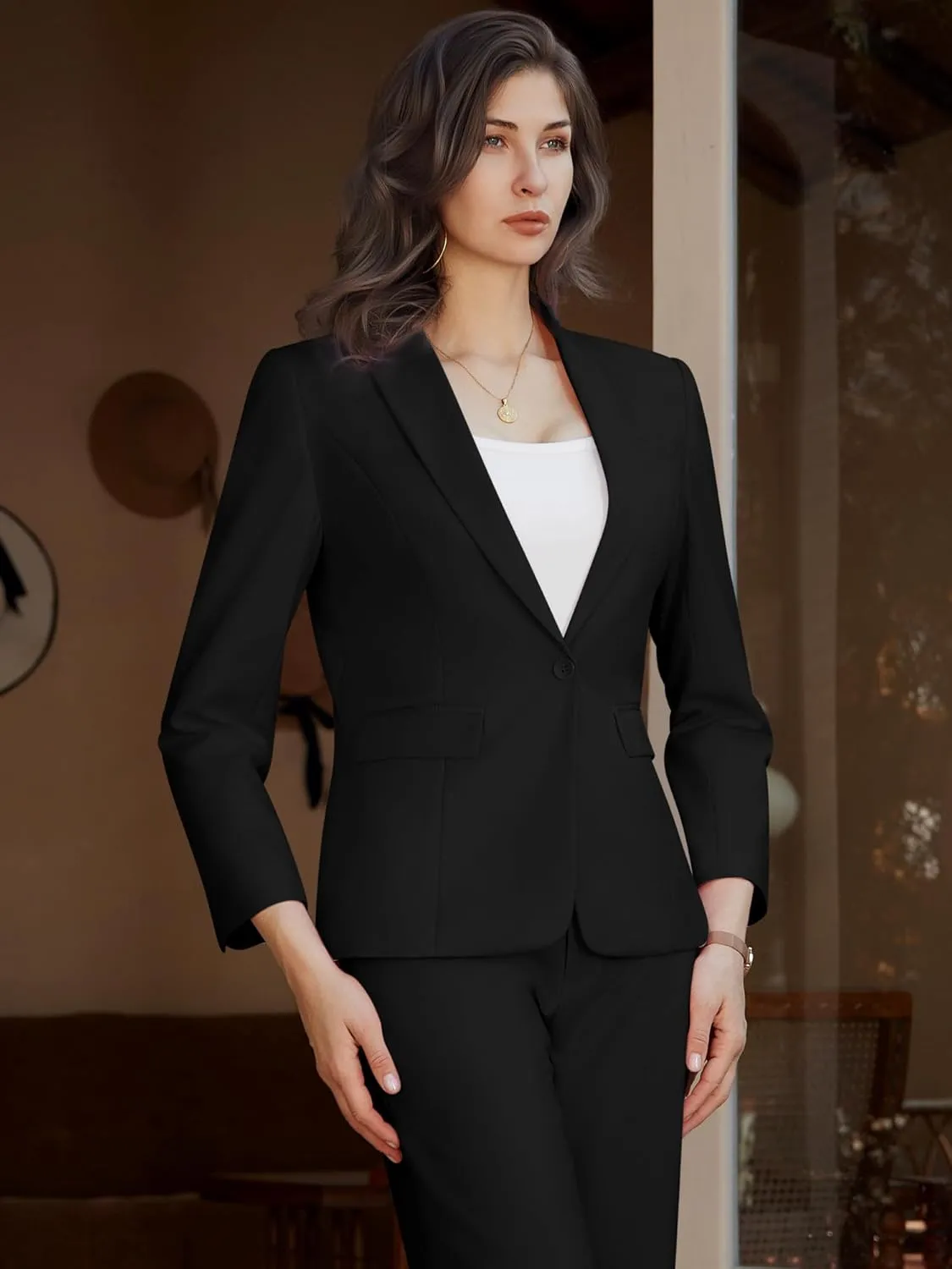 Womens 2 Piece Pants Suit Solid Notch Lapel One Button Slim Fit Blazer Jacket Elastic Waist Pants Tuxedo Set