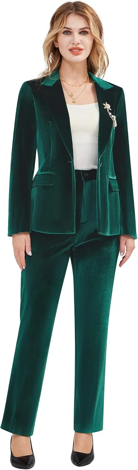 Women's 2 Piece Velvet Suit Notch Lapel One Button Slim Fit Business Party Wedding Tuxedo Blazer Pants Set
