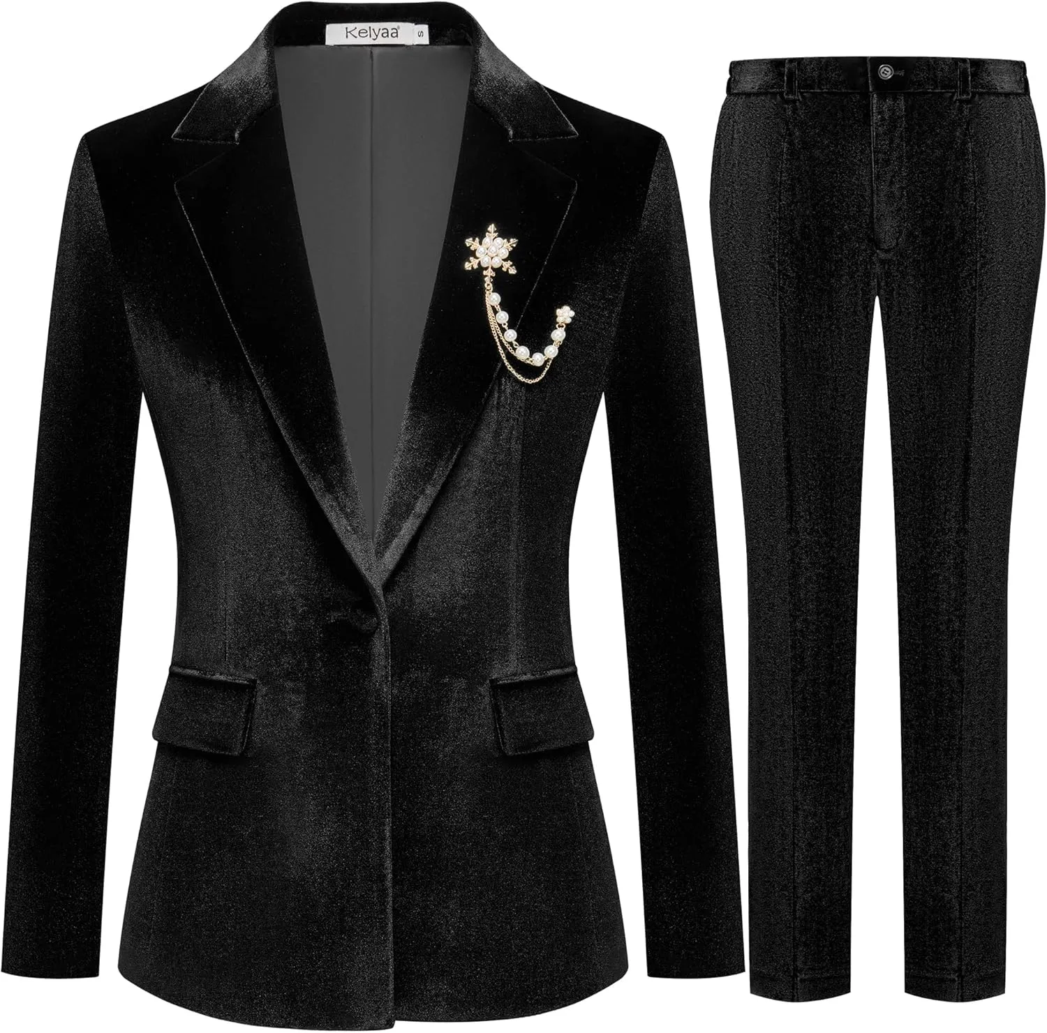 Women's 2 Piece Velvet Suit Notch Lapel One Button Slim Fit Business Party Wedding Tuxedo Blazer Pants Set