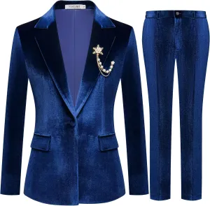Women's 2 Piece Velvet Suit Notch Lapel One Button Slim Fit Business Party Wedding Tuxedo Blazer Pants Set