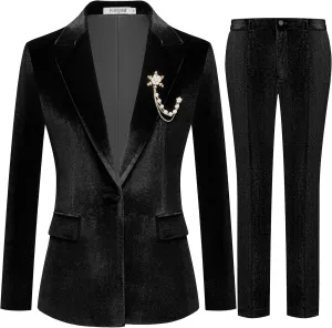 Women's 2 Piece Velvet Suit Notch Lapel One Button Slim Fit Business Party Wedding Tuxedo Blazer Pants Set