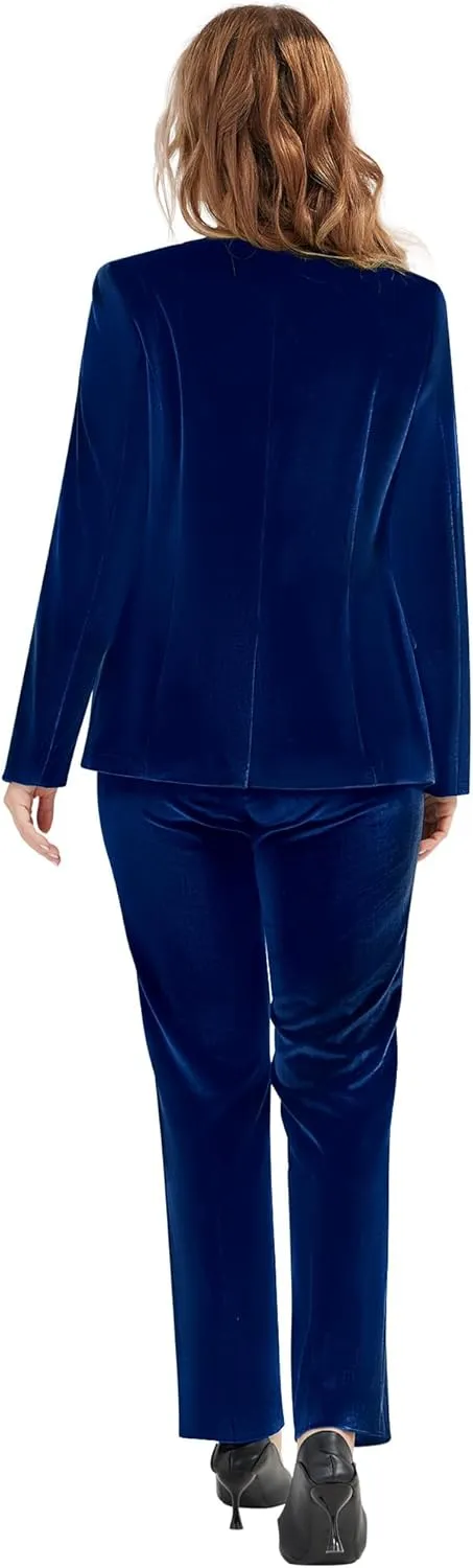 Women's 2 Piece Velvet Suit Notch Lapel One Button Slim Fit Business Party Wedding Tuxedo Blazer Pants Set