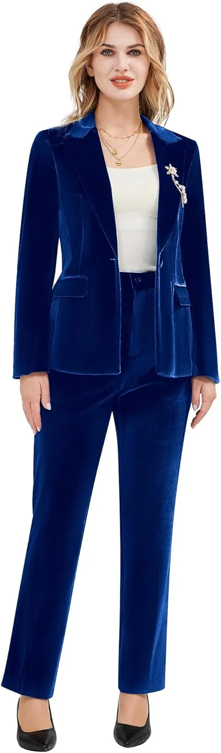 Women's 2 Piece Velvet Suit Notch Lapel One Button Slim Fit Business Party Wedding Tuxedo Blazer Pants Set