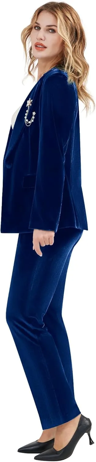 Women's 2 Piece Velvet Suit Notch Lapel One Button Slim Fit Business Party Wedding Tuxedo Blazer Pants Set