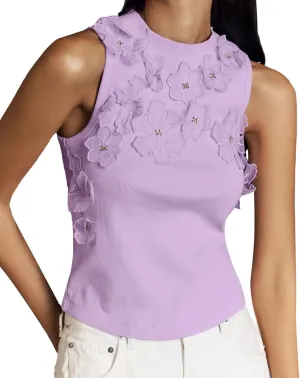 Womens 3D Flower Applique Tank Top 2025 Cute Floral Mock Neck Sleeveless Tops Summer Slim Fit Ribbed Knit Shirts