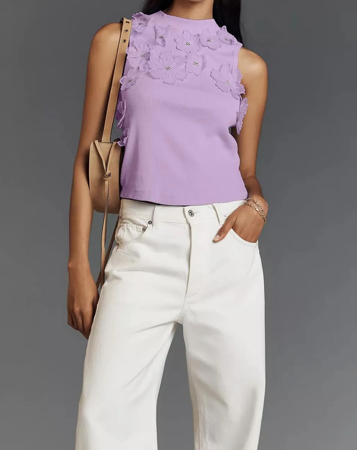 Womens 3D Flower Applique Tank Top 2025 Cute Floral Mock Neck Sleeveless Tops Summer Slim Fit Ribbed Knit Shirts