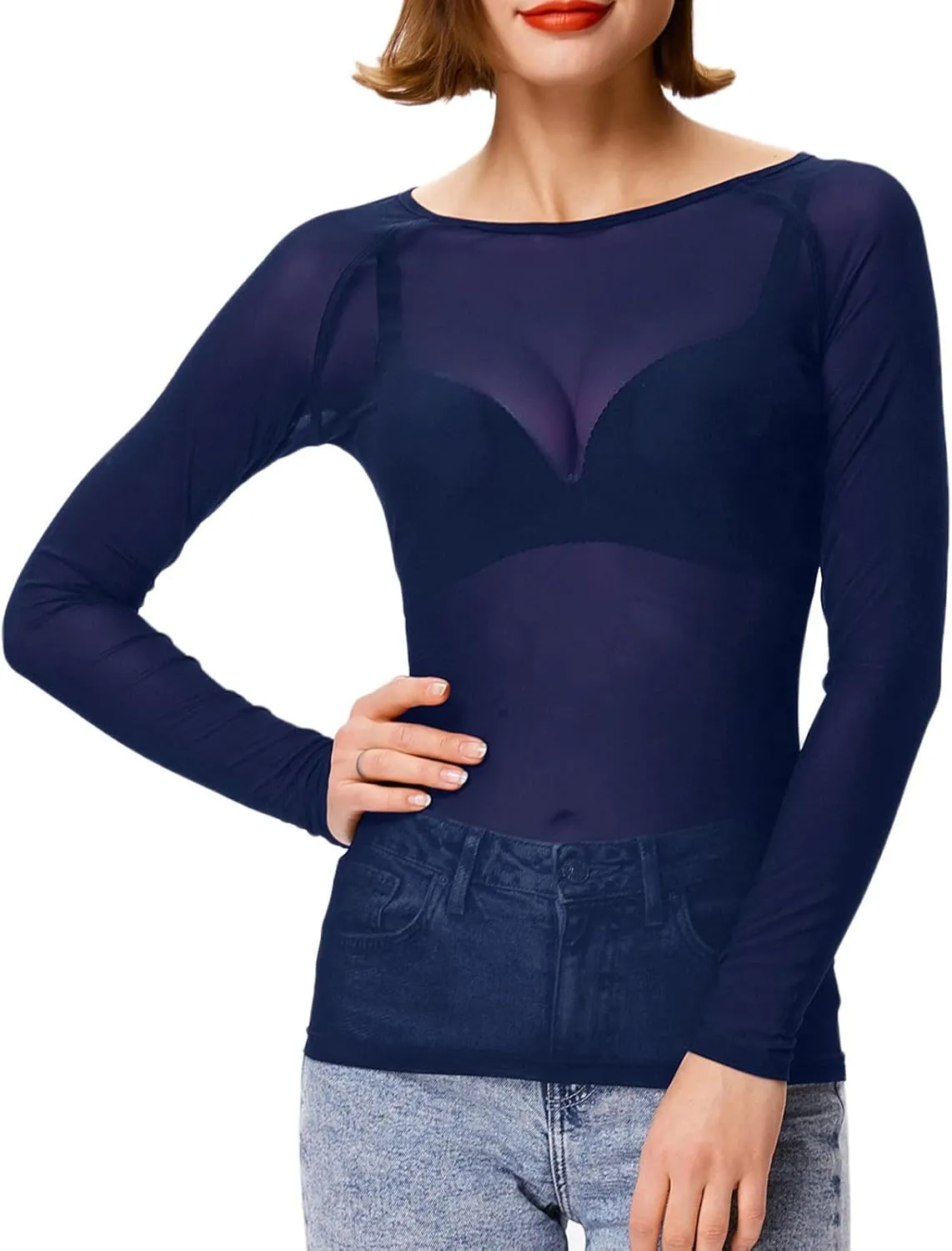 Women's Basic Long Sleeves Mesh Sheer Tops
