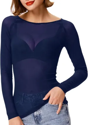 Women's Basic Long Sleeves Mesh Sheer Tops