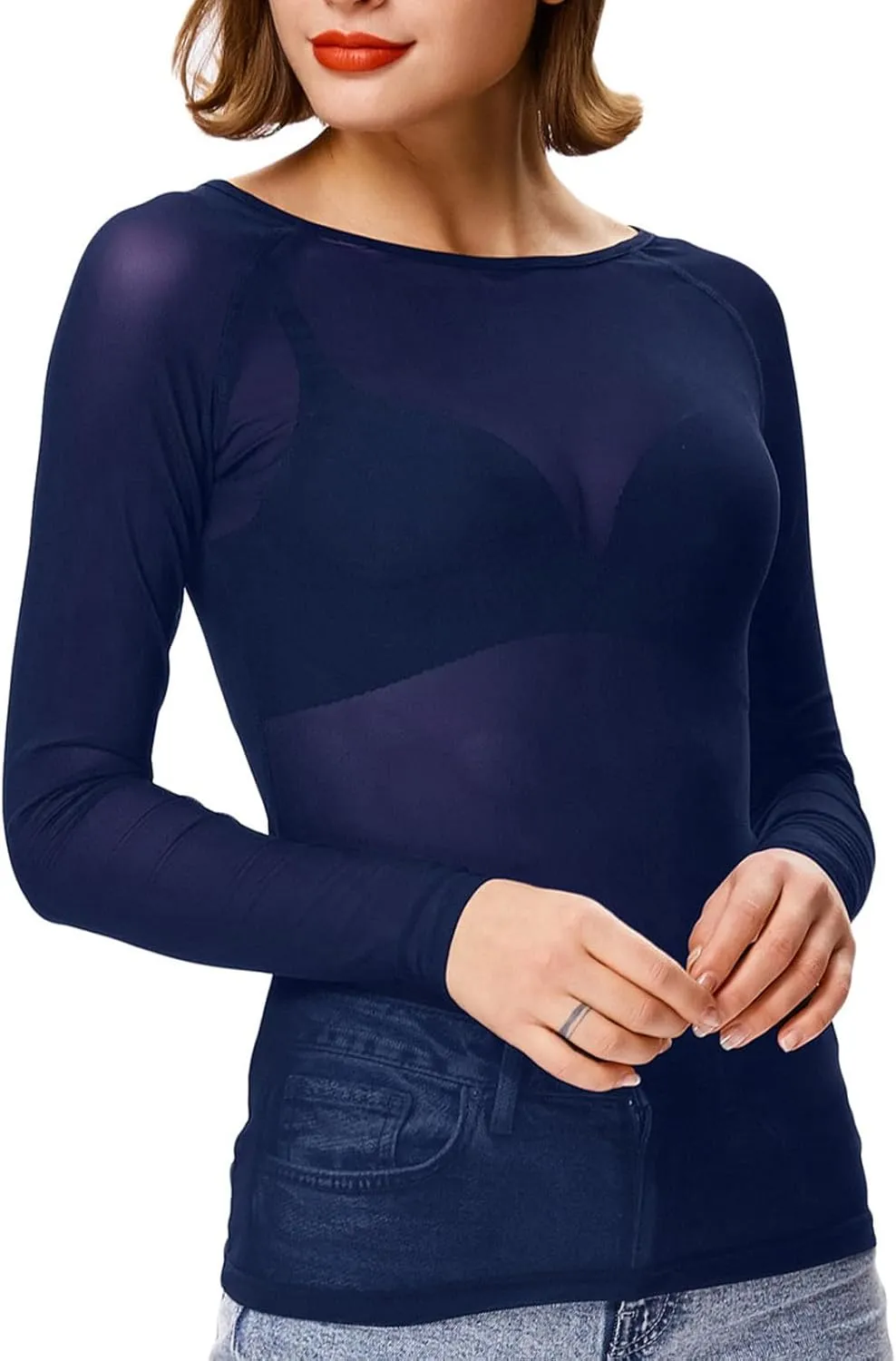 Women's Basic Long Sleeves Mesh Sheer Tops
