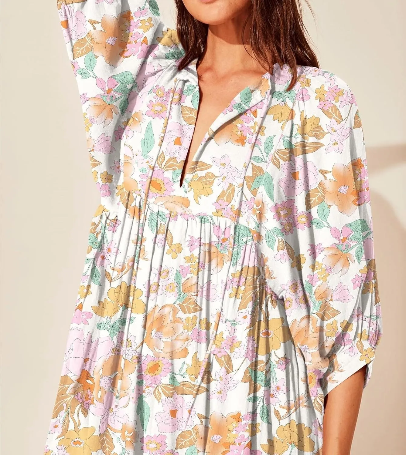 Womens Boho Sundress Summer Dresses V Neck Puff Sleeve Floral Flowy Swing Casual Dress Plus