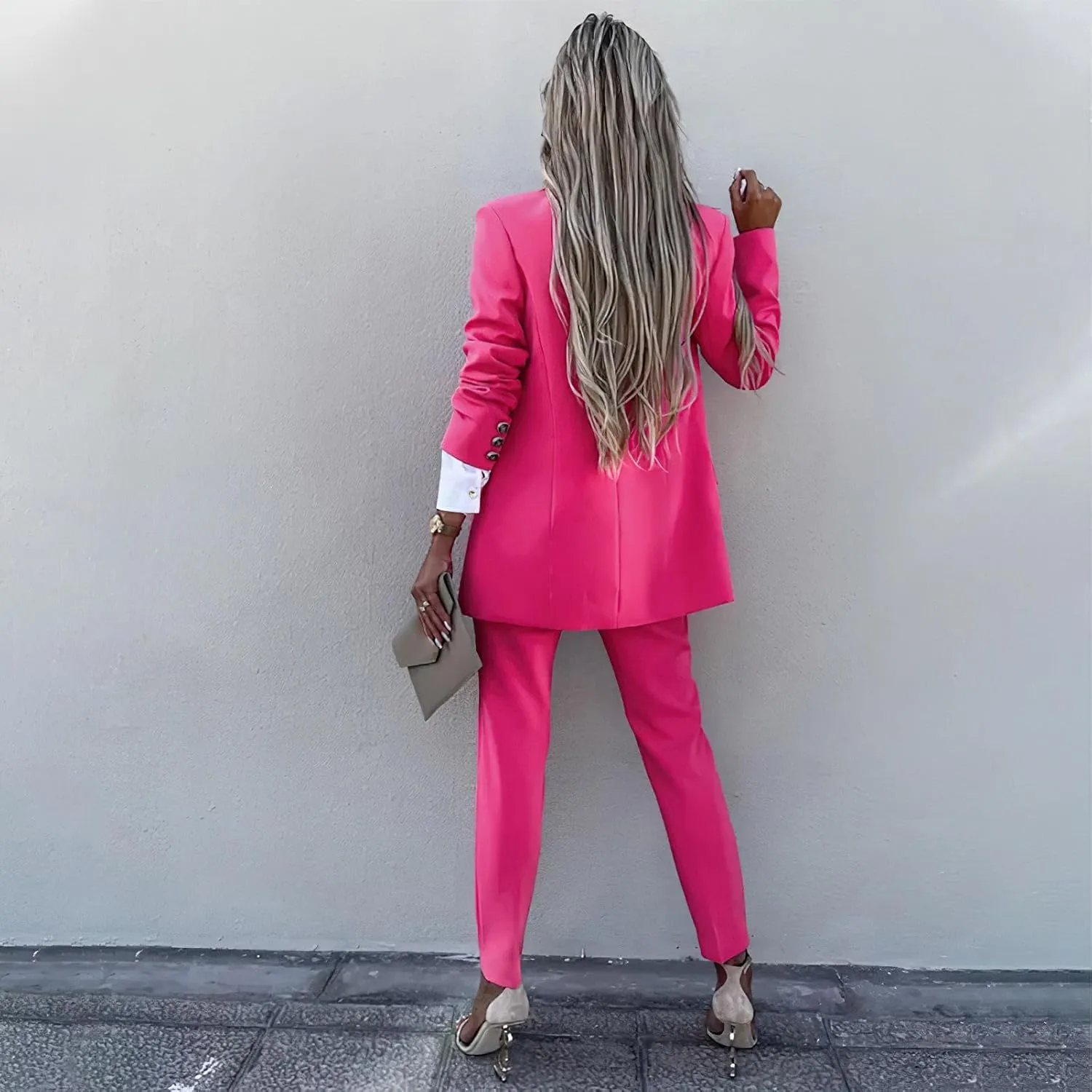 Women's Business Pants Suit with Long Sleeve Buttons Blazer 2 Pieces Office Lady Casual Formal Outfits