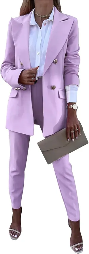 Women's Business Pants Suit with Long Sleeve Buttons Blazer 2 Pieces Office Lady Casual Formal Outfits