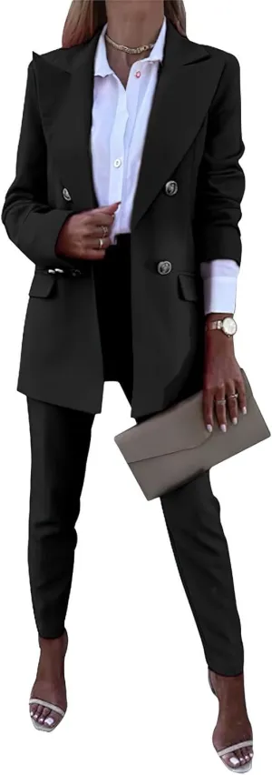 Women's Business Pants Suit with Long Sleeve Buttons Blazer 2 Pieces Office Lady Casual Formal Outfits