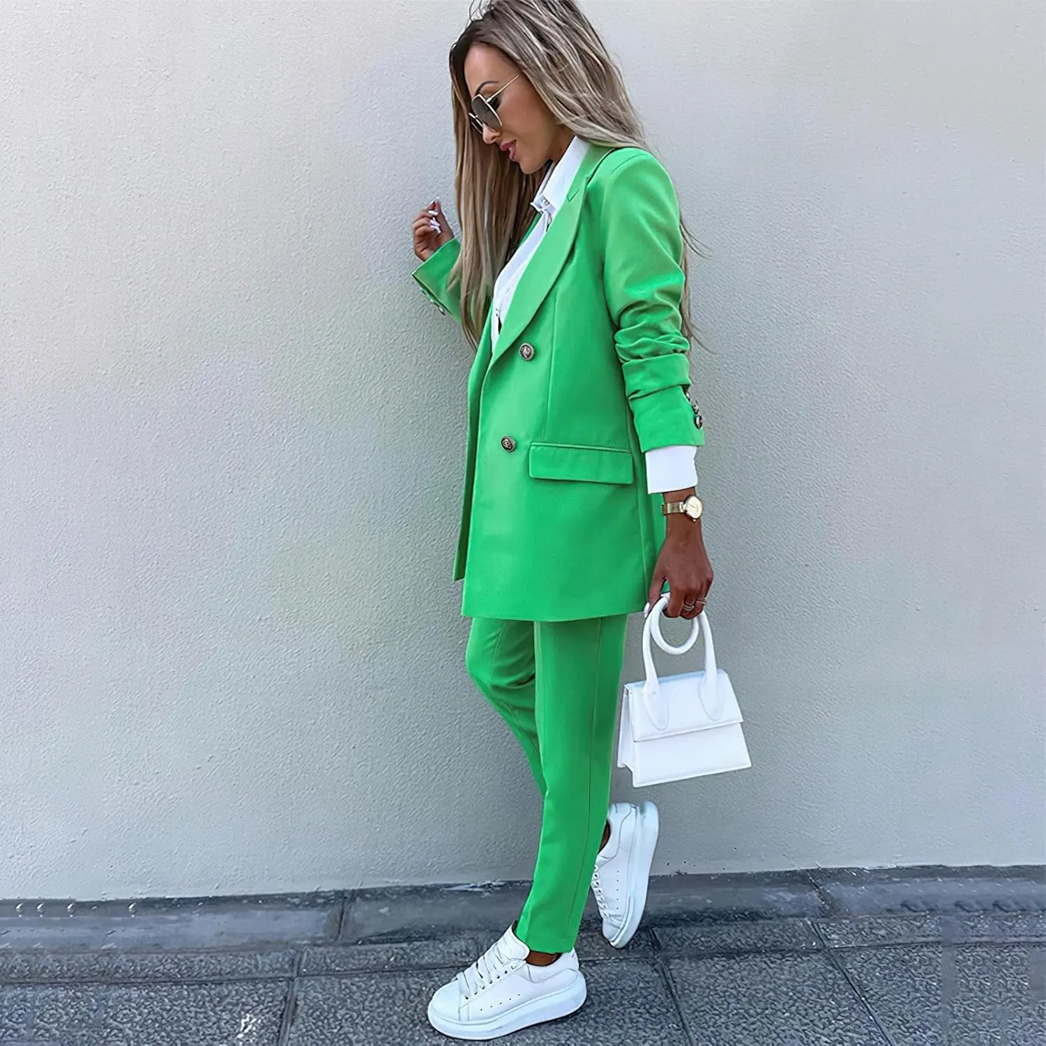 Women's Business Pants Suit with Long Sleeve Buttons Blazer 2 Pieces Office Lady Casual Formal Outfits