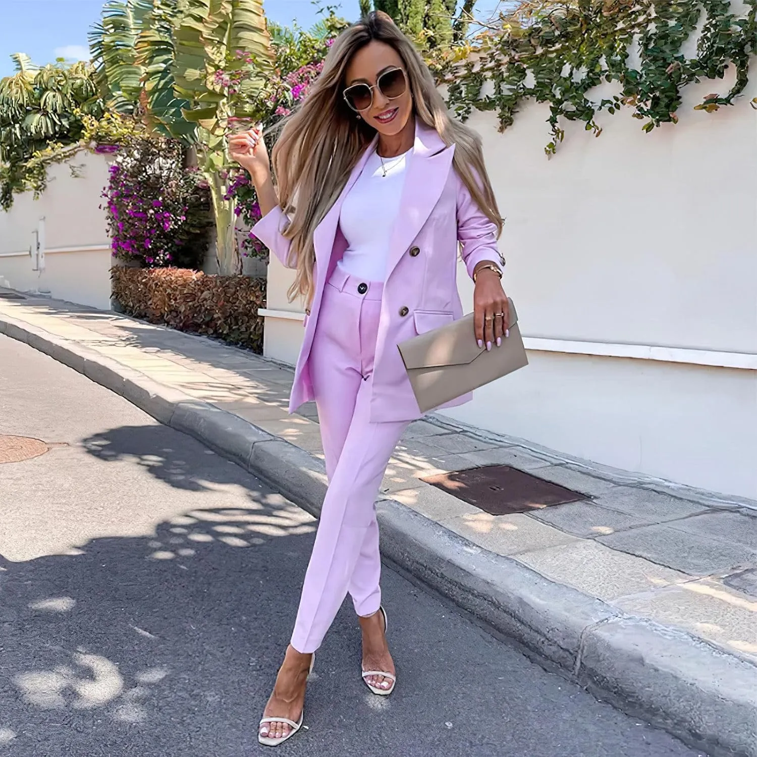 Women's Business Pants Suit with Long Sleeve Buttons Blazer 2 Pieces Office Lady Casual Formal Outfits