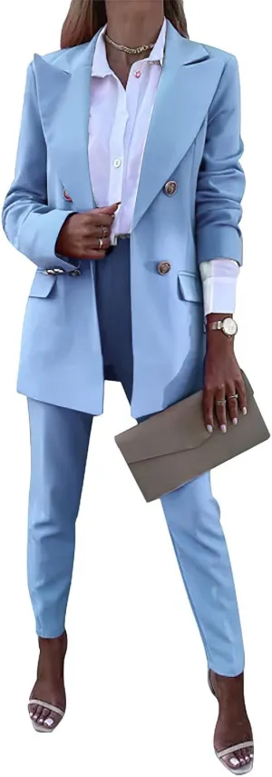 Women's Business Pants Suit with Long Sleeve Buttons Blazer 2 Pieces Office Lady Casual Formal Outfits