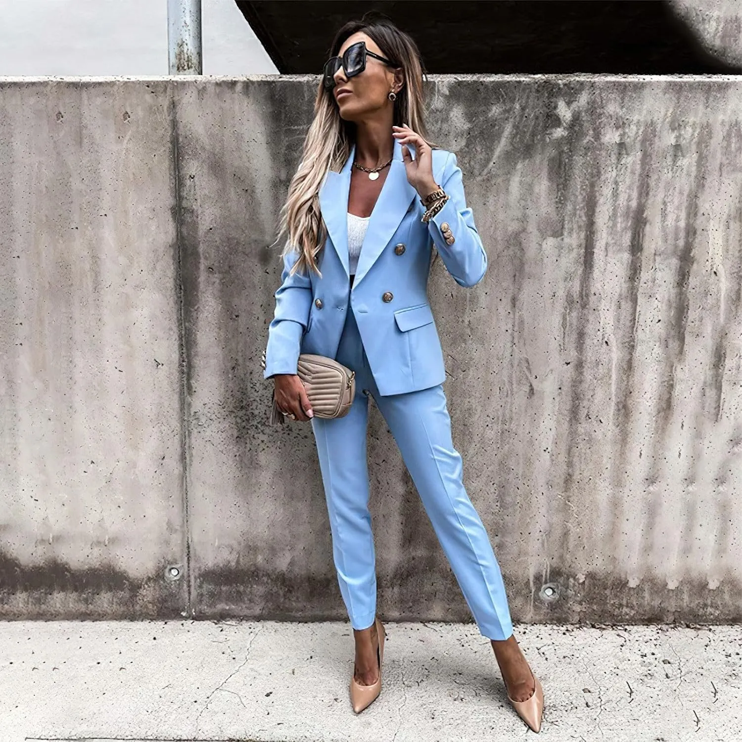 Women's Business Pants Suit with Long Sleeve Buttons Blazer 2 Pieces Office Lady Casual Formal Outfits