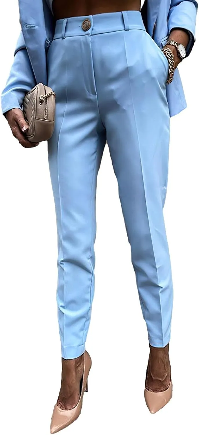 Women's Business Pants Suit with Long Sleeve Buttons Blazer 2 Pieces Office Lady Casual Formal Outfits