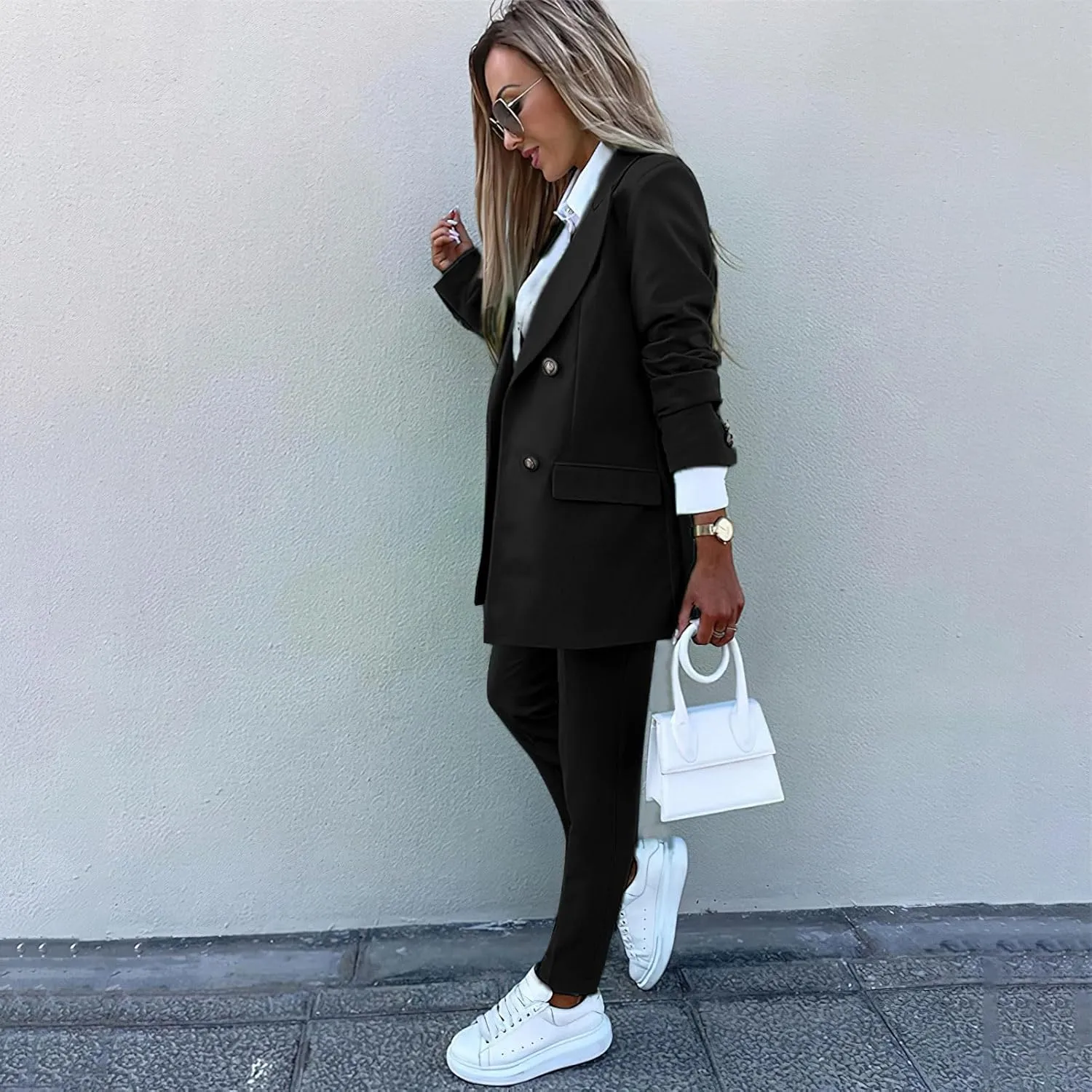 Women's Business Pants Suit with Long Sleeve Buttons Blazer 2 Pieces Office Lady Casual Formal Outfits