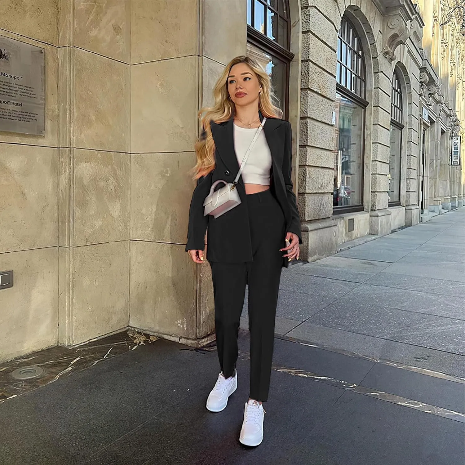 Women's Business Pants Suit with Long Sleeve Buttons Blazer 2 Pieces Office Lady Casual Formal Outfits