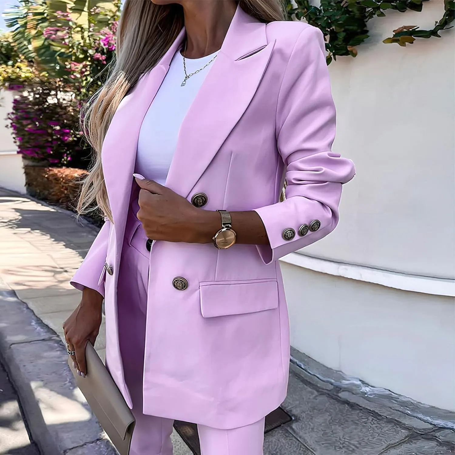 Women's Business Pants Suit with Long Sleeve Buttons Blazer 2 Pieces Office Lady Casual Formal Outfits