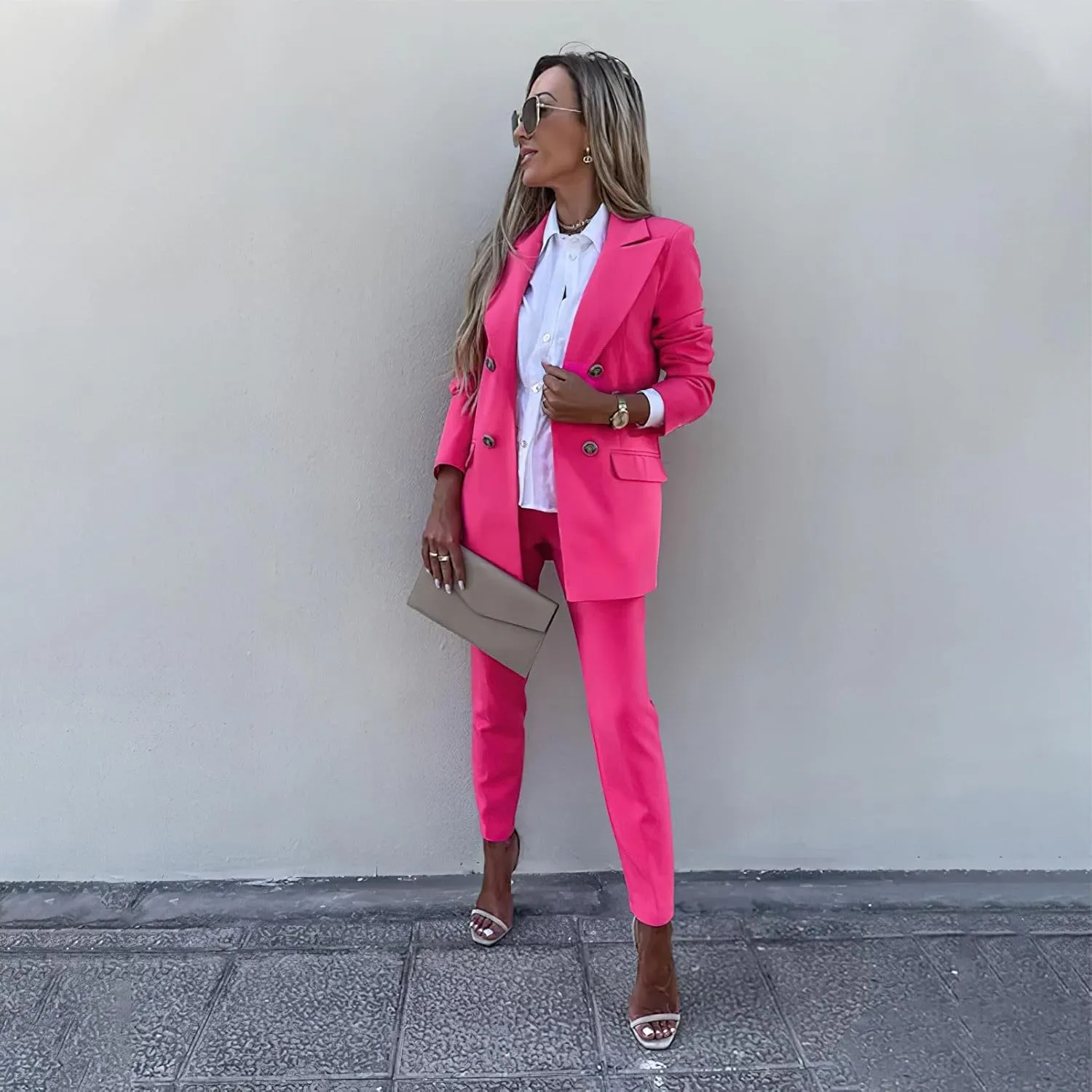 Women's Business Pants Suit with Long Sleeve Buttons Blazer 2 Pieces Office Lady Casual Formal Outfits