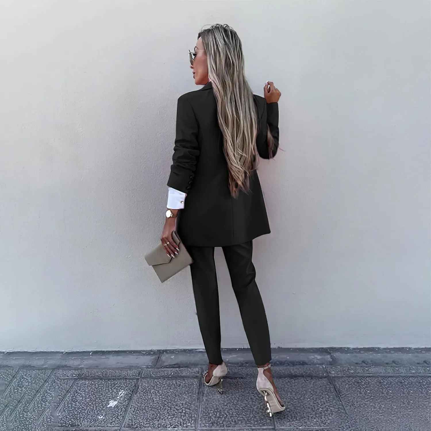Women's Business Pants Suit with Long Sleeve Buttons Blazer 2 Pieces Office Lady Casual Formal Outfits