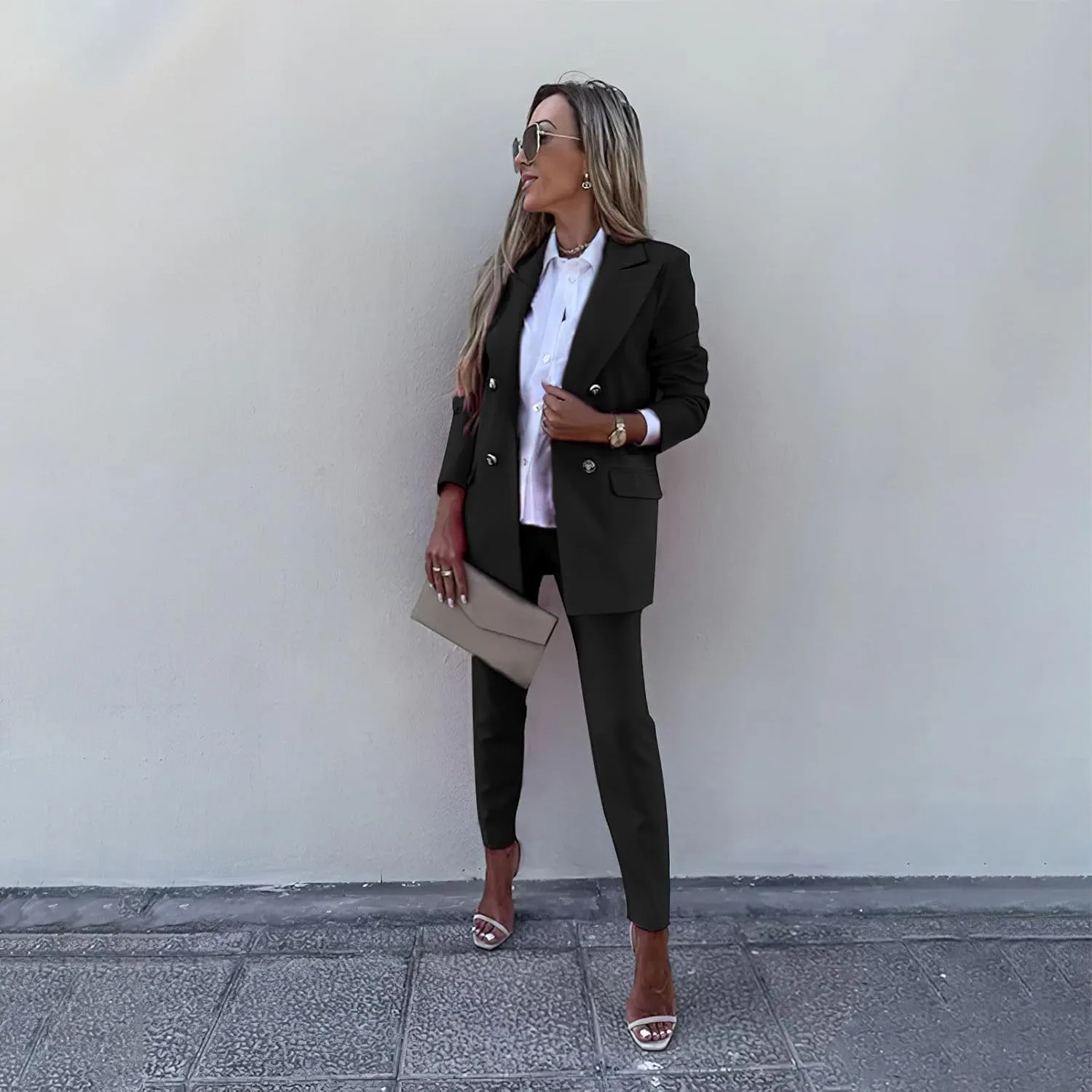 Women's Business Pants Suit with Long Sleeve Buttons Blazer 2 Pieces Office Lady Casual Formal Outfits